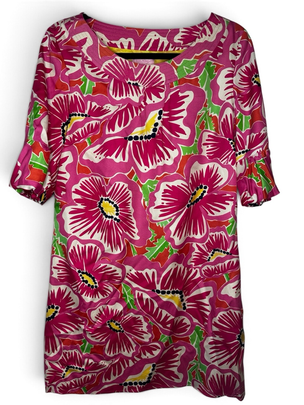 Lilly Pulitzer Dress Women 10 Pink Floral Silk Shift Tropical Ruffle Sleeve